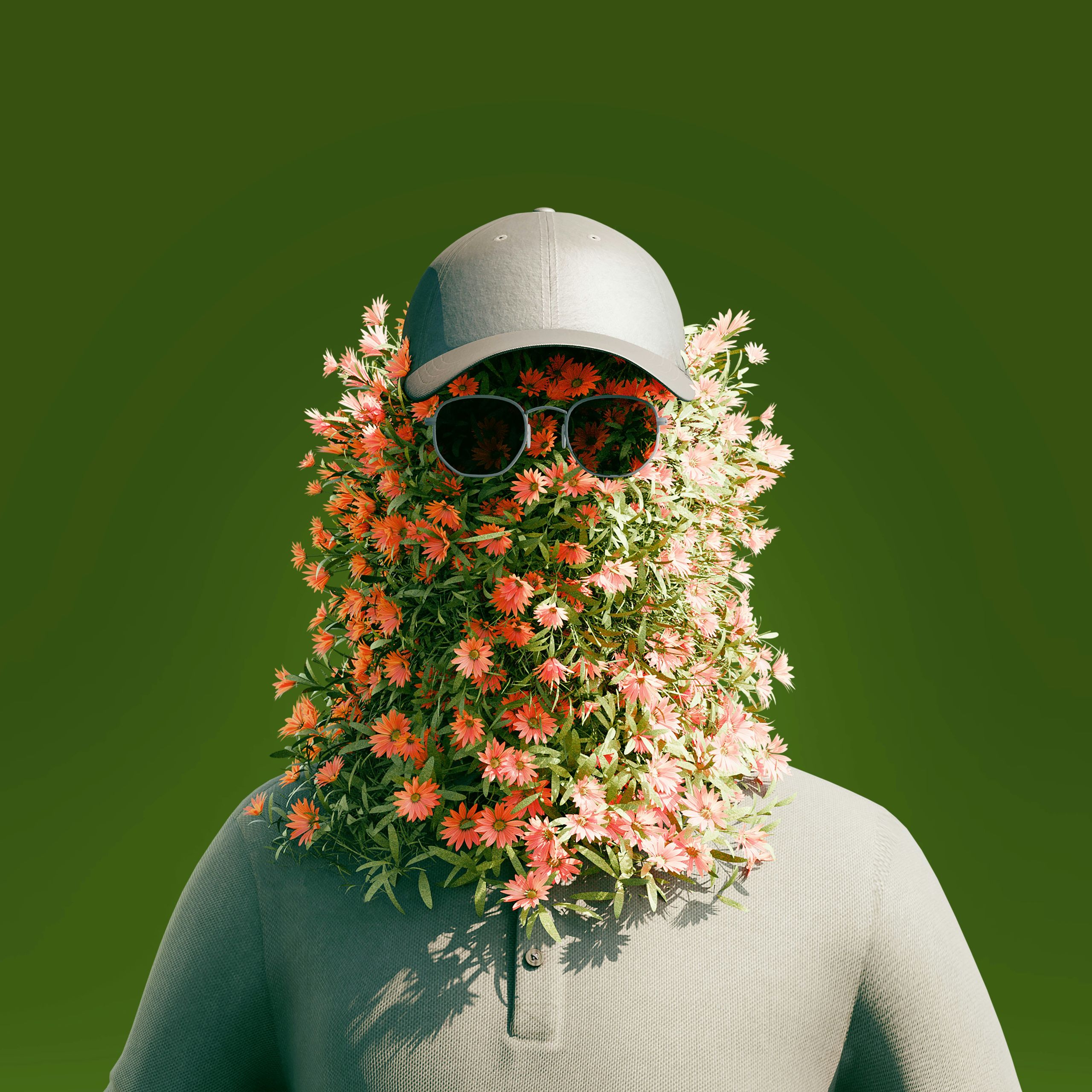 Persona con cara de flores sobre fondo verde